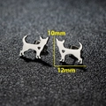 Detailed view of silver dog silhouette stud earrings with heart cutouts and size marks - 280 Steel (Chihuahua)