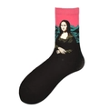Artistic cotton crew socks featuring Mona Lisa painting design with pink ribbed cuffs - Mona Lisa Rose Red