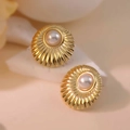Vintage gold stainless steel earrings with ribbed texture and white pearls - Retro Threaded Pearl Style (E0881)