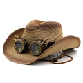 Steampunk cowboy straw hat with industrial goggles and metallic gear details - M (56-58cm) / Khaki Coffee Gradient