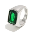 Elegant silver wide band ring featuring a large emerald-cut green crystal stone - US 6 / Silver-Green Stone