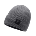 Grey ribbed knit beanie for men with a warm fleece lining and black square patch - One Size / Light Gray