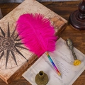 Rainbow gradient metal ballpoint pen with large rose red feather and vintage aesthetic - Rose Red