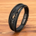 Bracciale multistrato in pelle intrecciata nera con nodo in metallo nero e chiusura magnetica - 19cm / Nero