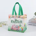 Laminated non-woven Easter gift bag featuring a rabbit driving a car with colorful eggs - CBDT12-Horizontal