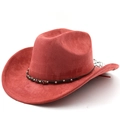 Detail of red faux suede cowboy hat with ethnic style braided band and beaded decor - M (56-58cm) / Brick Red