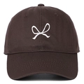 Close-up of a dark brown baseball cap featuring a white embroidered bow design - Coffee