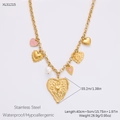 Waterproof 18K gold stainless steel necklace with pink enamel heart and pearl pendants - XL31215 (Multi-Heart Charms/Pink Enamel/Pearl)