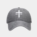 Texture dettagliata del cappello in cotone grigio lavato con stampa croce Believe - Grigio