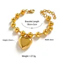 Polished gold stainless steel heart pendant bracelet with 8mm beads and OT clasp - Gold Heart Bracelet (B658)