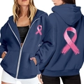 Sweat à capuche zippé bleu foncé avec imprimés ruban rose devant et au dos pour femmes - 3XL / Bleu marine