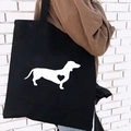 Black canvas tote bag with white dachshund and heart print, large capacity casual style - White Dachshund Heart Print