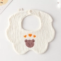 Cotton gauze baby bib with brown bear pattern and scalloped edges in cream white color - Gauze Flower Scarf - Three Hearts Bear