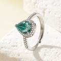 Silver adjustable open ring with pear-cut emerald stone and sparkling zircon accents - Platinum Blue-green Gemstone Ljz-168 / Adjustable Open