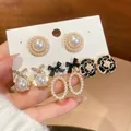 Set of 4 vintage gold-tone earrings with pearls, black enamel flowers, and rhinestones - 1# Gold White Set (4 Pairs) / 4 Pairs Set
