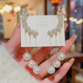 Elegant 925 silver needle tassel earrings with rhinestone top and pearls in gold finish - E0098 Silver Needle (Curved Pearl Tassel Gold)