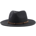 Close-up of black straw woven cowboy hat with brown suede band and metal buckle detail - Black
