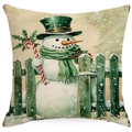 Christmas snowman pillow cover in green watercolor style on linen cushion case - YMD15-20 (Snowman by Fence)