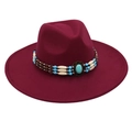 Close-up of burgundy felt hat featuring intricate turquoise beadwork and a vintage metal gem - One Size / Wine Red (Wine Red 9.5cm [Bead Band])