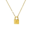 Minimalist gold lock pendant necklace featuring an engraved letter P on polished metal - Letter P