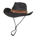 Chapeau de cowboy en paille noire avec ruban ethnique à pièces et large bord solaire - M (56-58cm) / Noir