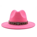 Detailed shot of hot pink wide brim fedora with studded leather band and vintage buckle - Rose Red
