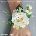 Creamy white silk rose wedding wrist corsage with green leaves, 11cm x 9cm size - Ivory White-Wrist Flower