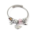 Silver steel beaded bracelet with swan pendant, love charm and pink crystal beads - LOVE Tag Swan (C2-004) / Pink