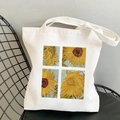 White canvas tote bag featuring four artistic sunflower prints inspired by Van Gogh - Four-Grid Sunflowers (STD525-S)
