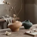 Artistic ceramic vase set in desert yellow and dark green with textured finish - Desert Yellow L + Dark Green S Set