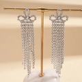 Nahaufnahme der silbernen Quastenohrringe mit weißen Kristallen auf einem goldenen Schmuckständer - S925 Silbernadel Lange Quaste Stil / Silber