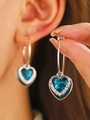 Elegant silver C-shaped earrings with turquoise heart pendant and white crystals - Teal (Z-618)