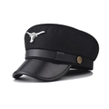 Black military cap with silver bull head badge and faux leather brim in a studio view - M (56-58cm) / Black (Bull Head)