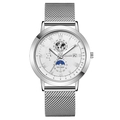 Orologio in maglia d'argento con quadrante fasi lunari e numeri romani - Quadrante Bianco Cassa Argento Cinturino in Maglia Argento