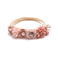 Detailed view of baby floral headband with pink fabric flowers and faux pearls - Style 06