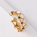 Adjustable gold plated ring with white enamel petals and colorful zircon accents - White Enamel Fan Shape Rainbow Zircon