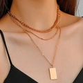 Gold layered necklace with portrait pearl pendant and rectangular charms for women - Gold 3-Layer Mixed Chain Rectangular Pendant Style (WG-0294)