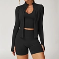 Ensemble de yoga 3 pièces noir côtelé avec veste zippée, débardeur et short taille haute - S / Haut Et Bas / Ensemble 3 Pièces (Soutien-Gorge+Short+Veste) / Noir Premium