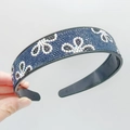 Sparkling dark blue rhinestone headband with white crystal swirl patterns - Three-Leaf Navy Blue