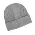 Close-up of thick grey core-spun yarn knit hat showing diamond weave and ribbed cuff - Light Blue