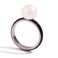 Minimalist ring featuring white pearl and black enamel detail in silver stainless steel - Silver Black