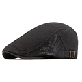 Classic black cotton beret with side letter embroidery and adjustable metal buckle - Black
