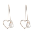 Elegant gold clover earrings with heart crystal frame and large white pearl pendant - Clover Heart Style (KE83379-K)