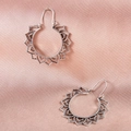 Vintage silver hollowed-out fan-shaped hoop earrings on elegant silk fabric background - Antique Silver (9919)