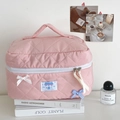 Pink quilted pouch with bow details and carry handle for makeup or stationery - Pink Makeup Bag