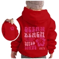 Kids red hoodie with pink Ocean Beach Wild Wave 1971 vintage floral print design - 100cm / Red (Pink Print)