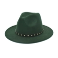 Close-up of dark green fedora hat featuring a black leather band with silver metal rivets - Dark Green