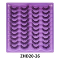 Nahaufnahme von zwanzig Paaren kurzer dicker künstlicher Wimpern auf lila Plastikschale - Natürlicher Langer Gemischter Stil (ZHD20-26) / 20 Paar Packung