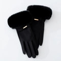 Winter black thermal gloves for women with faux fur cuffs and golden metal buckle details - One Size / Black