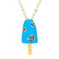 Blue popsicle pendant necklace with heart gems and Happy engraving on gold chain - Blue